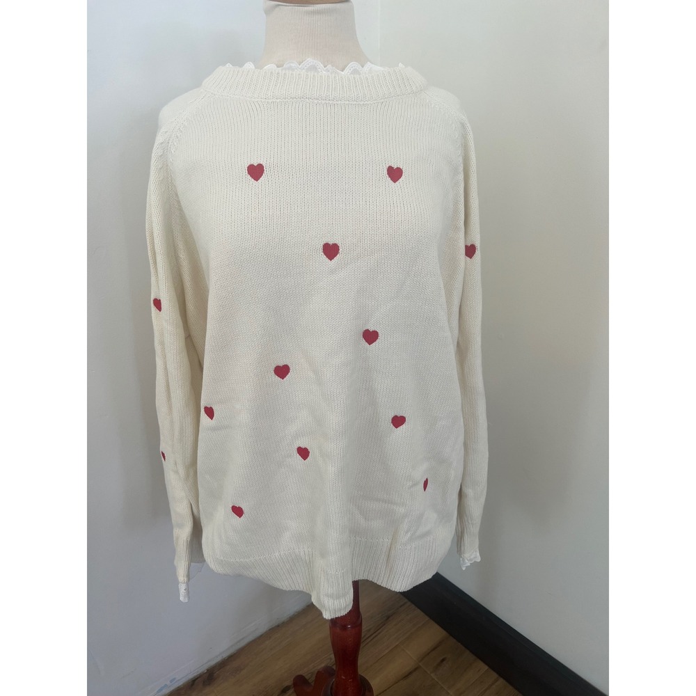 Cream Heart Embroidered Lace Trim Knit Sweater Womens 2XL Red Hearts Raglan